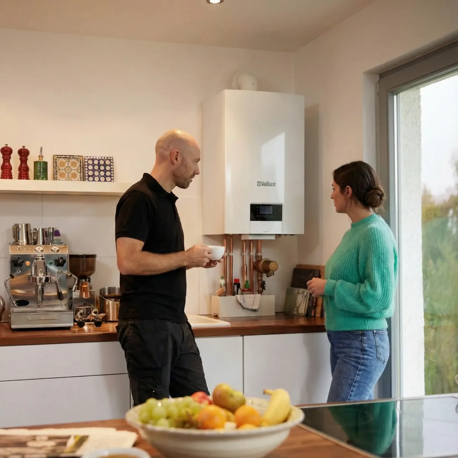 George Lane talking with a customer in her kitchen beside a wall-hung boiler
