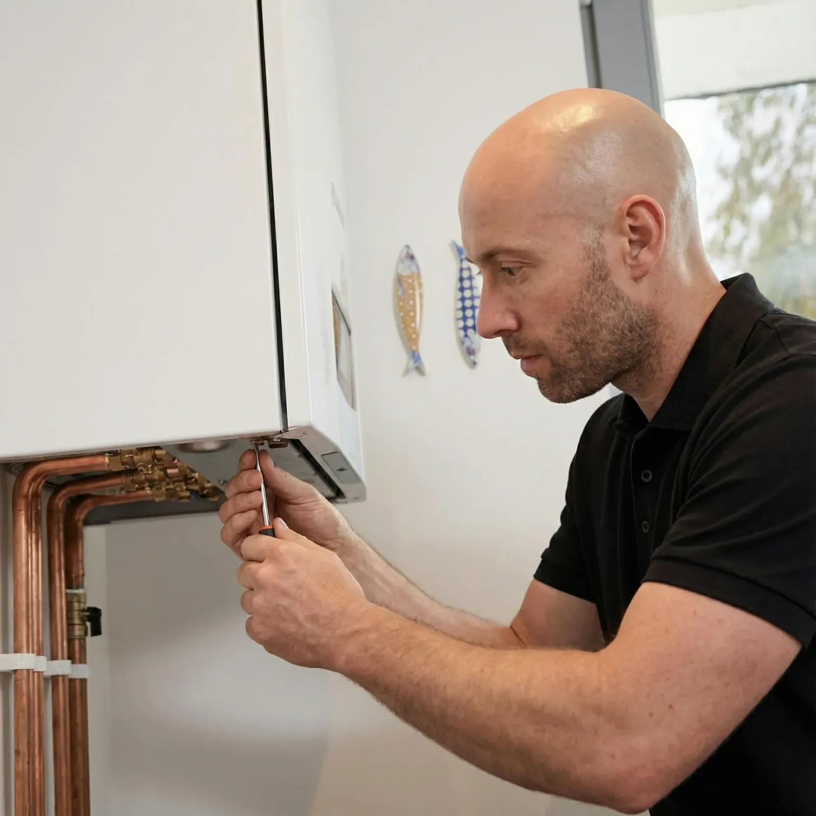 George Lane working on the pipework under a boiler