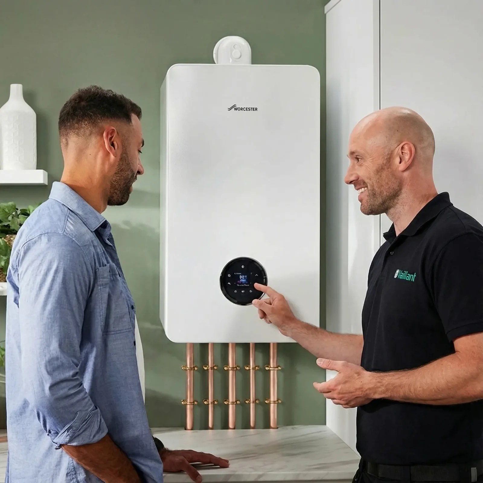 George Lane showing a customer the controls on his boiler